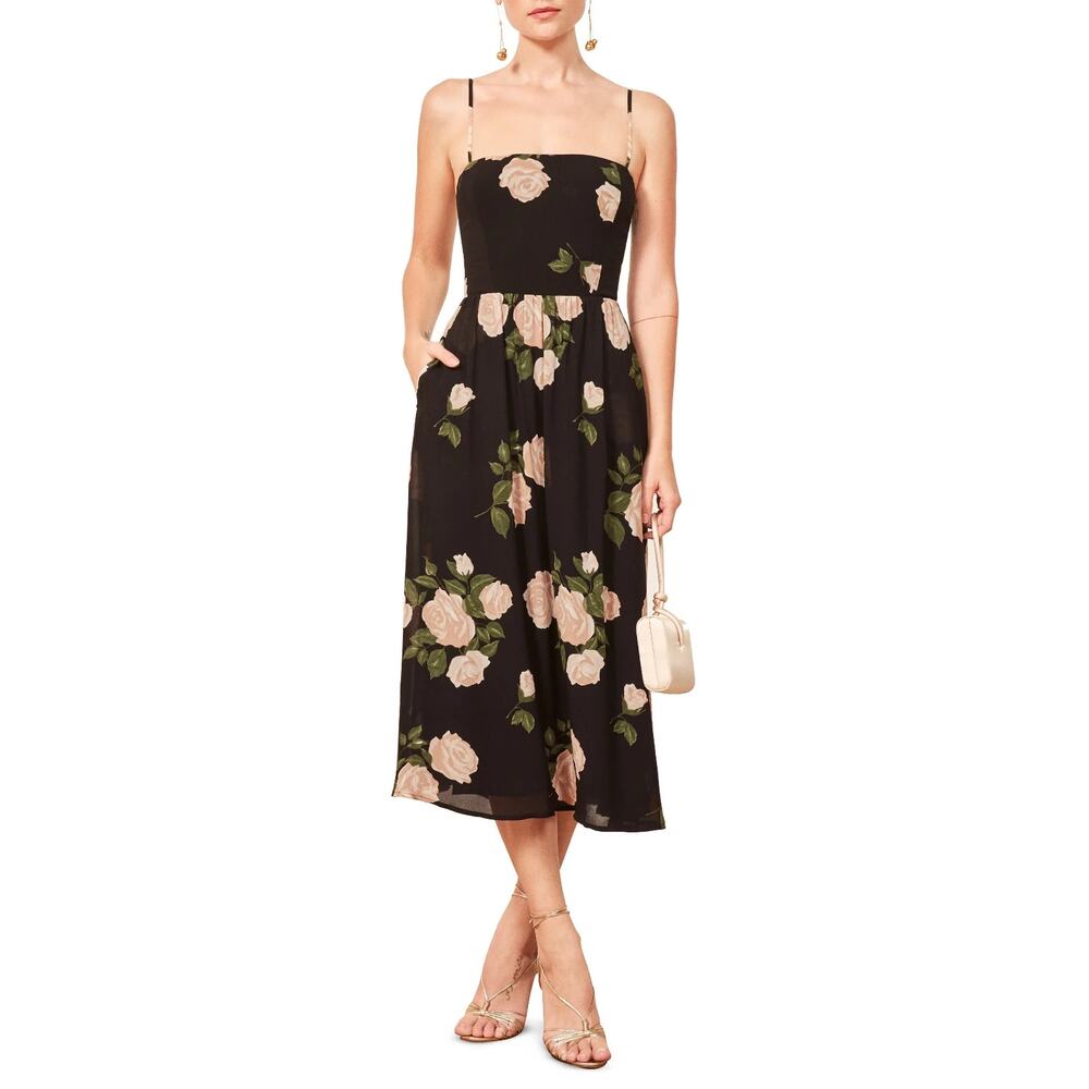 Reformation Rosehip Fit & Flare Floral Dress Lined Pockets Crepe Smocked Size 2 - Picture 11 of 11